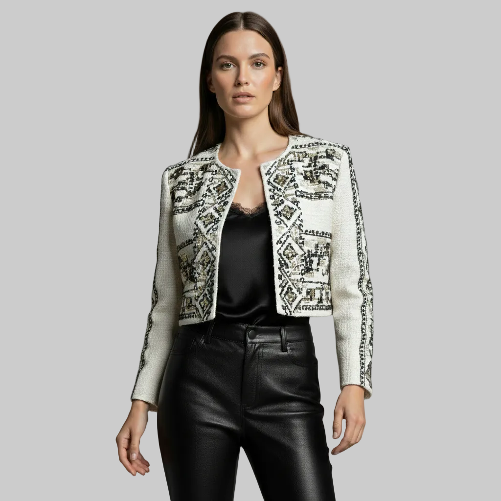 Haftowana krótka kurtka z tweedu