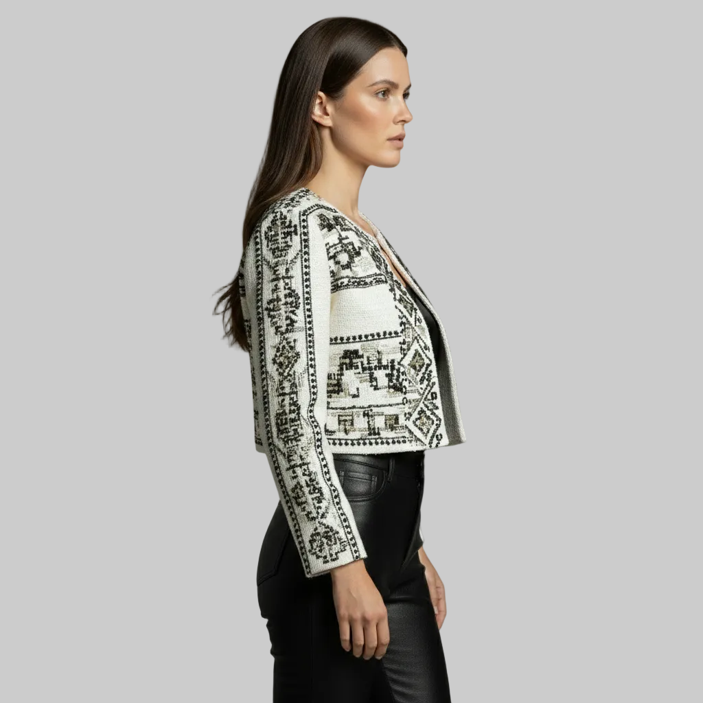 Haftowana krótka kurtka z tweedu