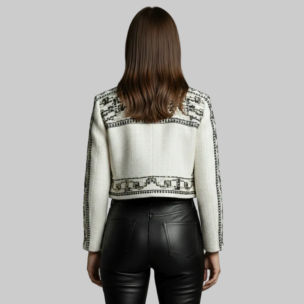 Haftowana krótka kurtka z tweedu