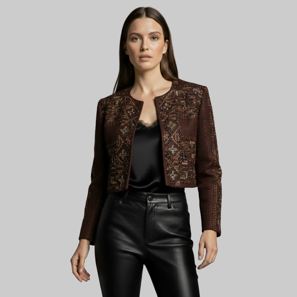 Haftowana krótka kurtka z tweedu