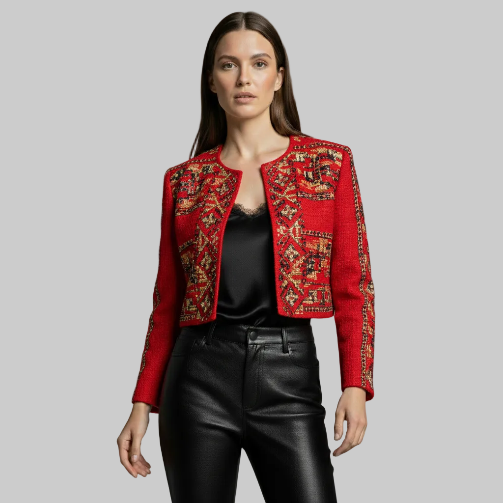 Haftowana krótka kurtka z tweedu